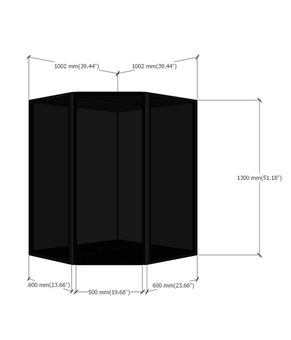 DF130 45° corner display case dimensions diagram
