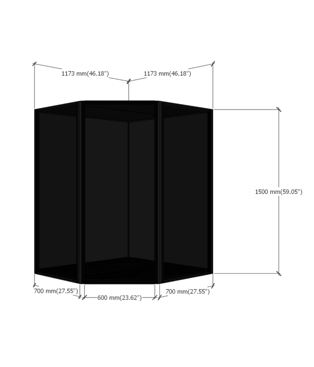 MAX150 45° corner display case dimensions diagram