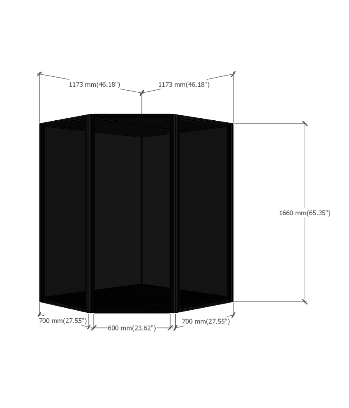 MAX150 Plus 45° corner display case dimensions diagram