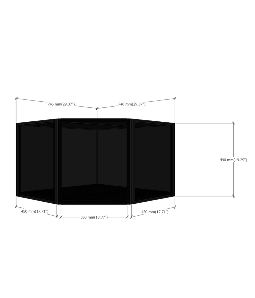 SIXTH55 45° corner display case dimensions diagram