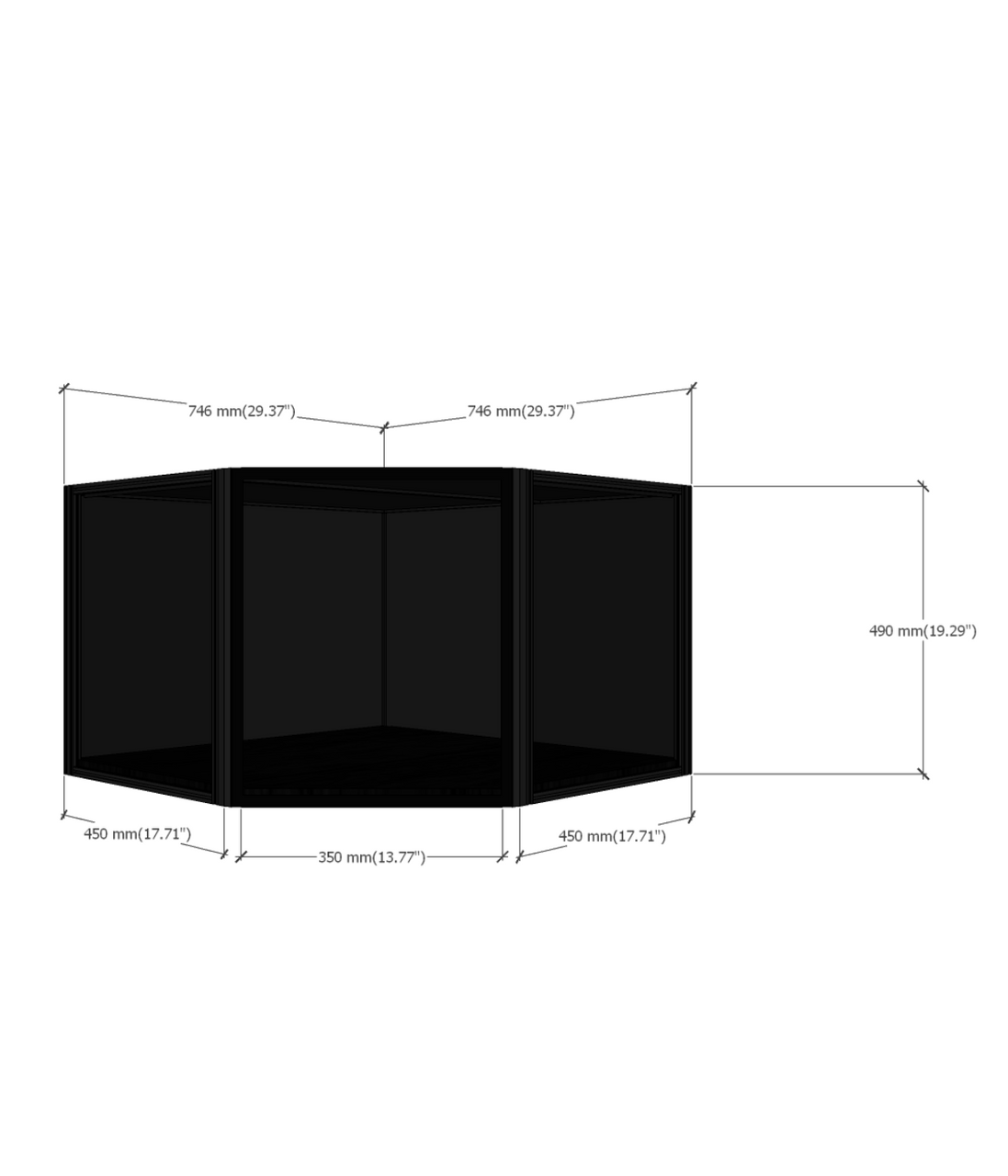 SIXTH55 45° corner display case dimensions diagram