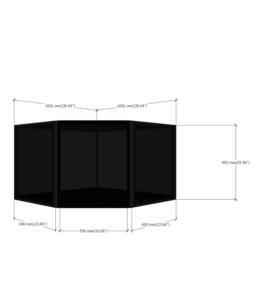 DF60 45° corner display case dimensions diagram