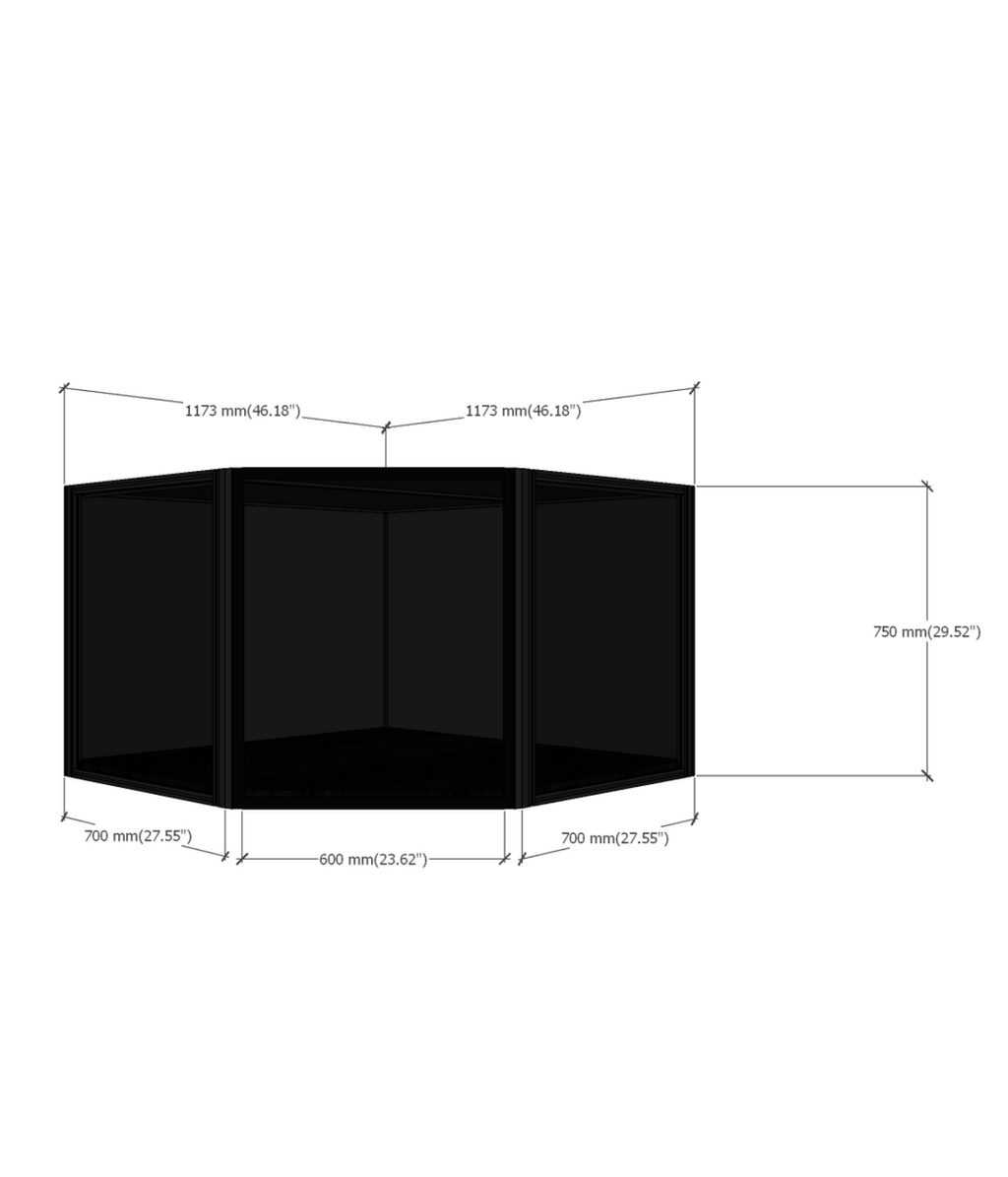 MAX70 45° corner display case dimensions diagram