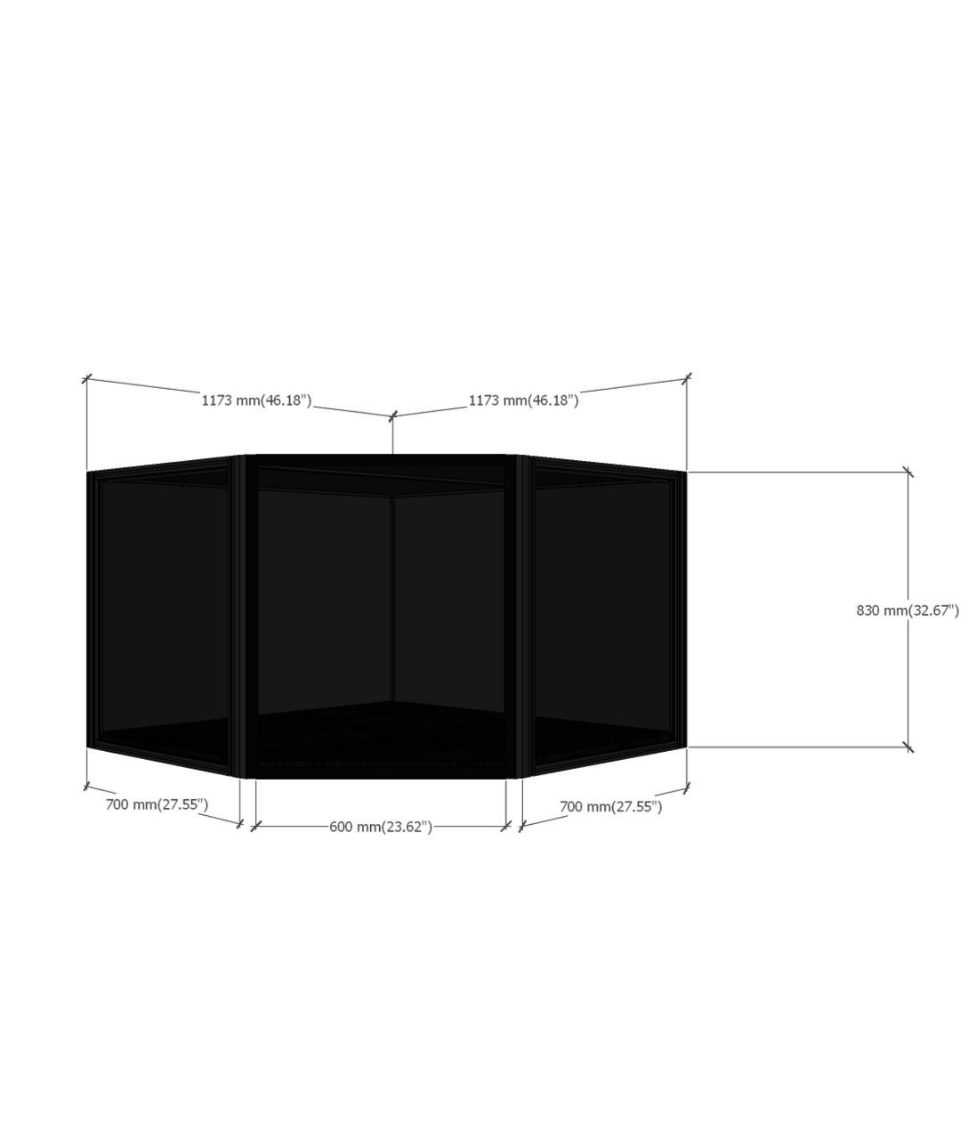 MAX70 Plus 45° corner display case dimensions diagram