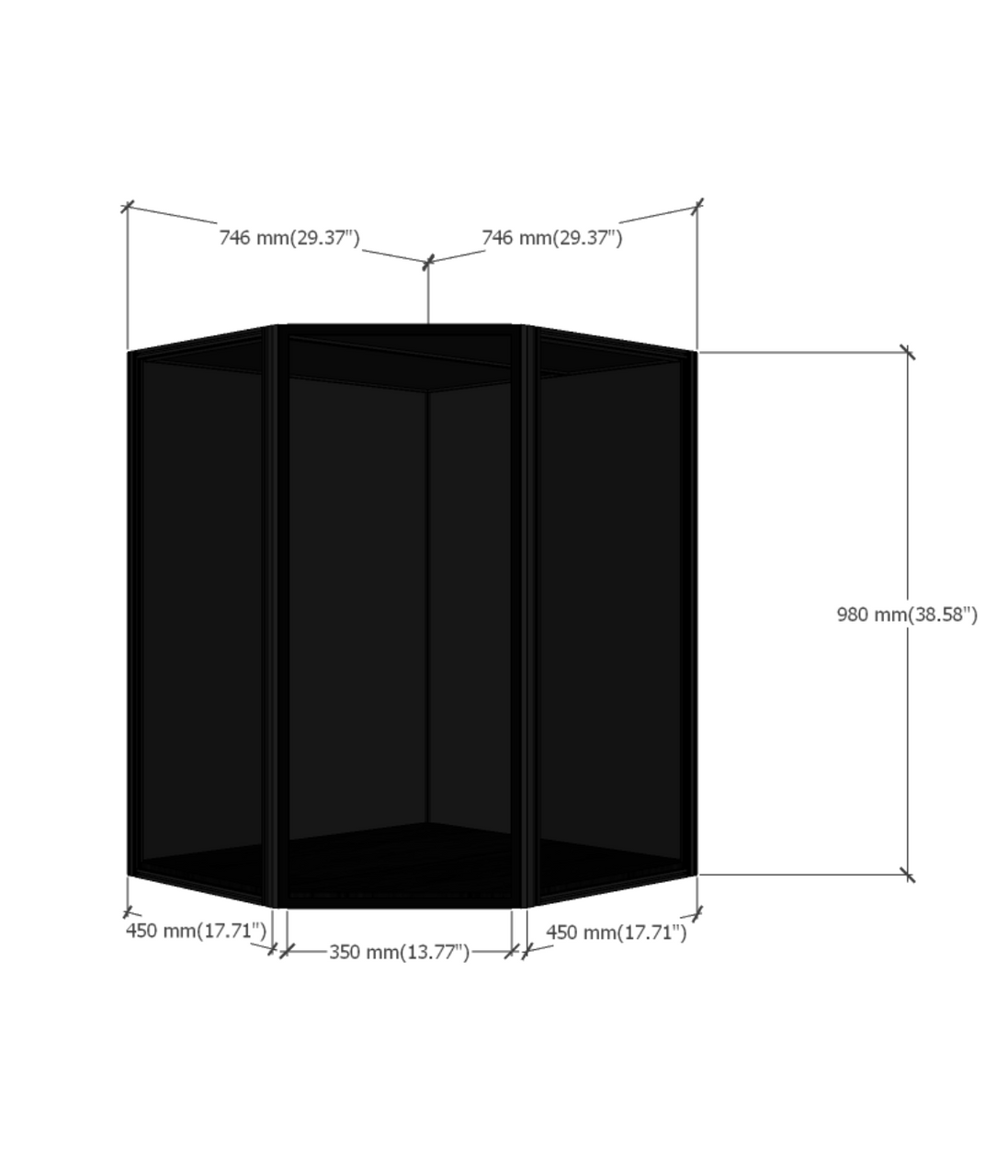 SIXTH98 45° corner display case dimensions diagram