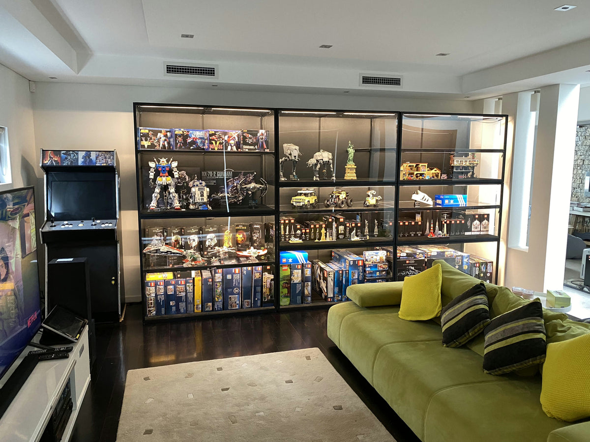 Living room wall of Moducase display cases in a Sydney home